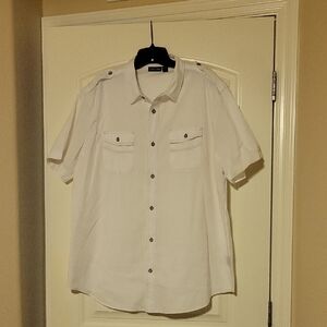 White Short Sleeve Button-Up Shirt With Silver Trim And Shoulder Accent. Xxl